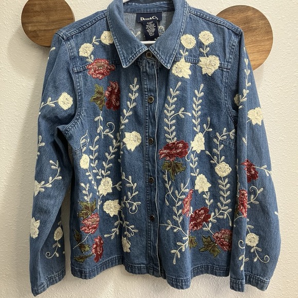 Denim & Co. Tops - VTG Denim & Co Floral Denim Button Up Womens Large AOP Embroidered Y2K Flowers